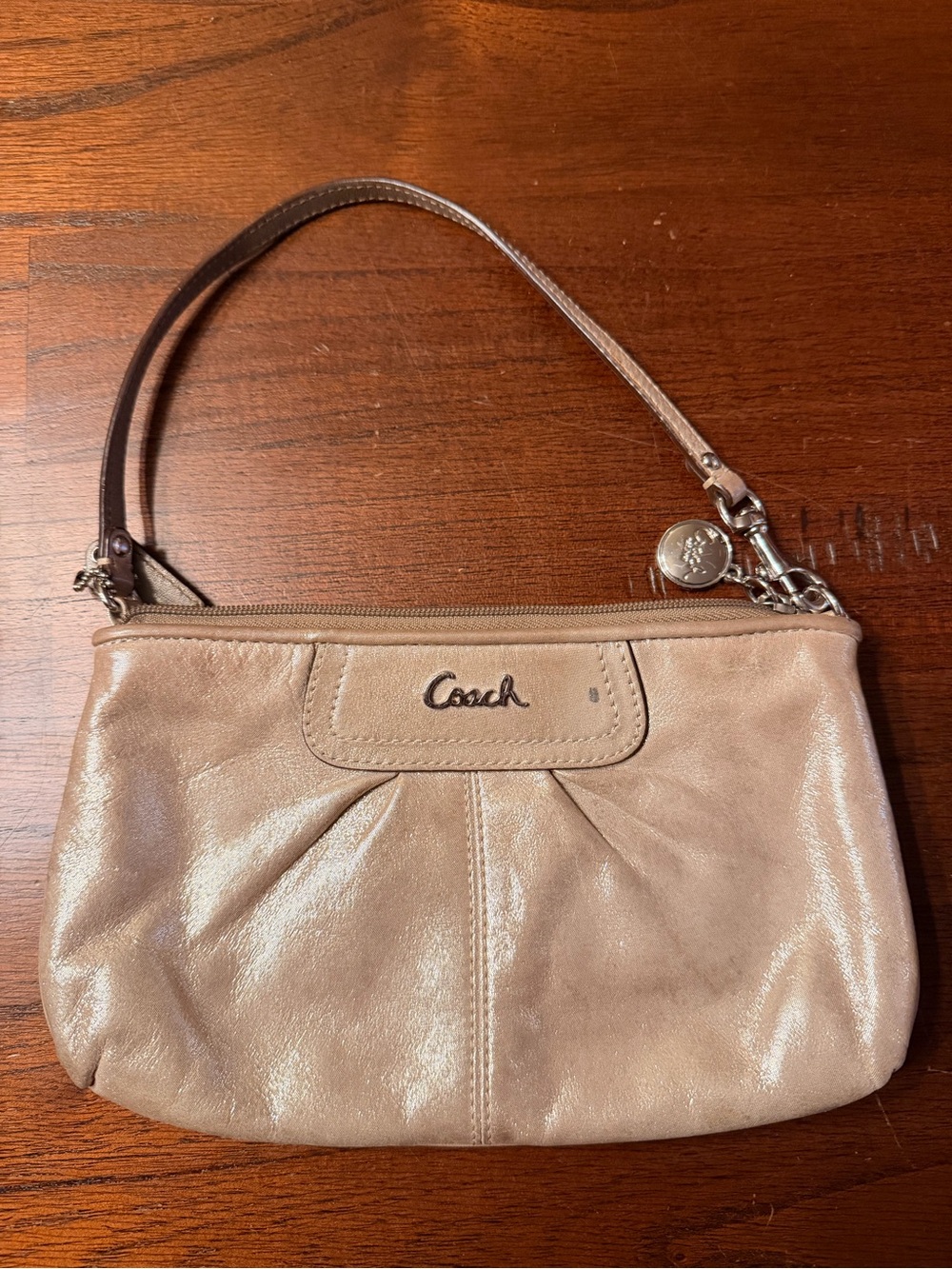 Coach Metallic Beige Leather Wristlet with Charm